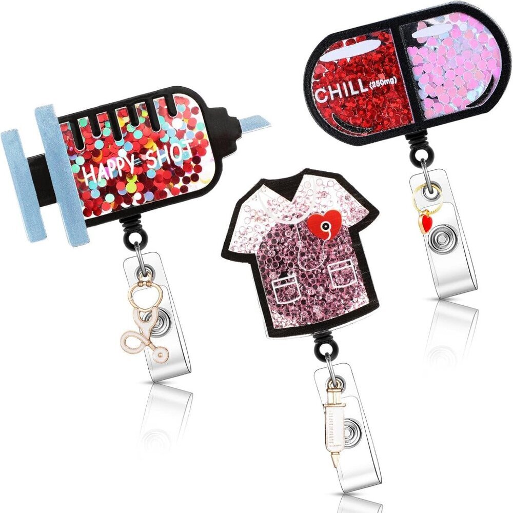 3 Pieces Nurse Badge Reel Retractable Holder Glitter Nurse ID Holder Pill Syring